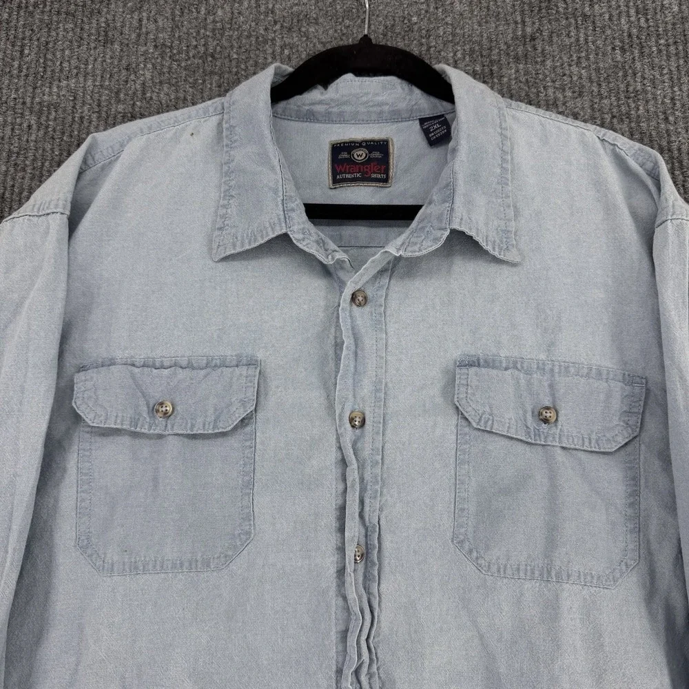Vintage Wrangler Men's 2X Denim Chambray Western Button Up Shirt Cropped Fringe